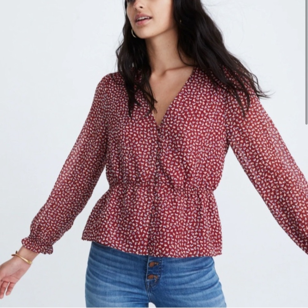 Madewell Overture Deep Red Floral Ditsy Flowers Peplum Blouse Sheer Medium M